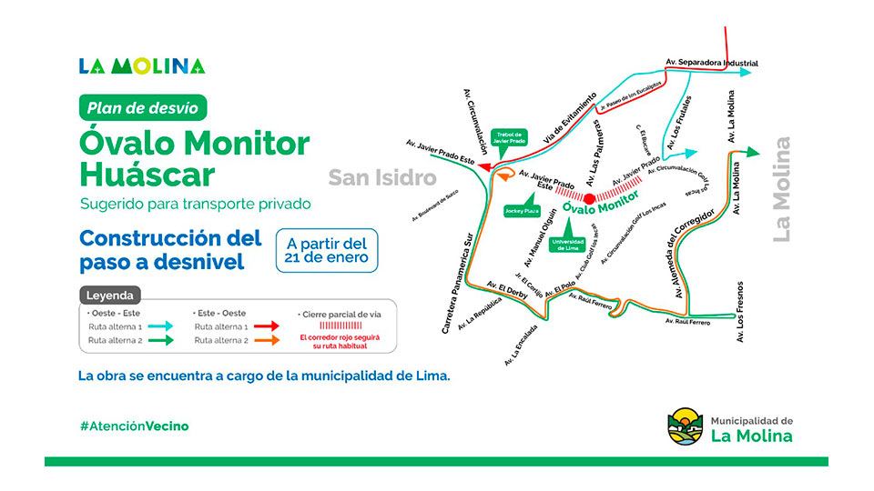 Fotografía publicada por la Municipalidad de La Molina con el comunicado "PLAN DE DESVÍO VEHICULAR E INICIO DE OBRAS EN EL ÓVALO MONITOR HUÁSCAR"