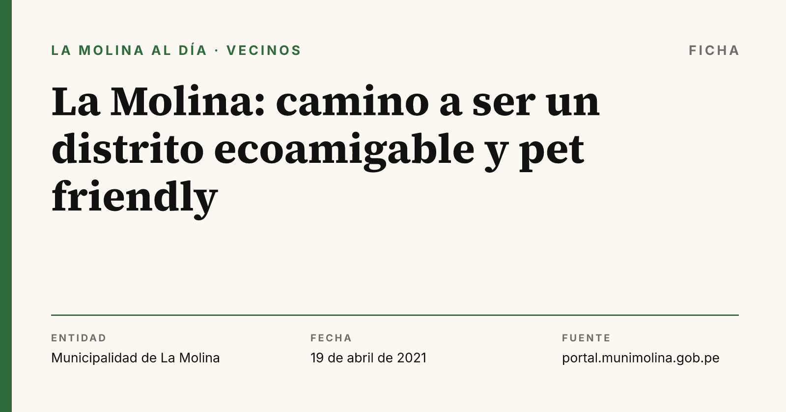 Ficha con el dato del comunicado "La Molina: camino a ser un distrito ecoamigable y pet friendly", compuesta por La Molina al Día