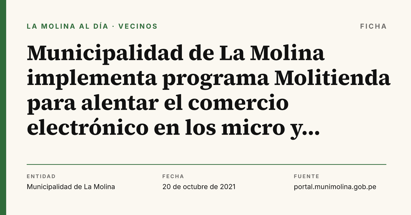 Ficha con el dato del comunicado "Municipalidad de La Molina implementa programa Molitienda para alentar el comerc", compuesta por La Molina al Día
