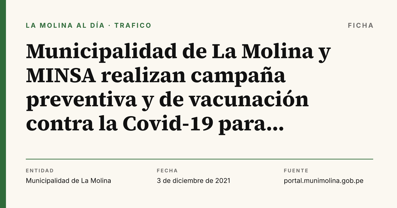 Ficha con el dato del comunicado "Municipalidad de La Molina y MINSA realizan campaña preventiva y de vacunación c", compuesta por La Molina al Día