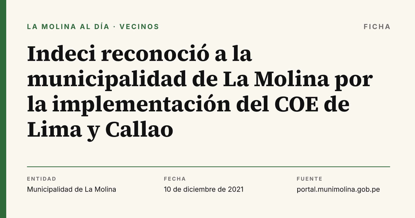 Ficha con el dato del comunicado "Indeci reconoció a la municipalidad de La Molina por la implementación del COE d", compuesta por La Molina al Día