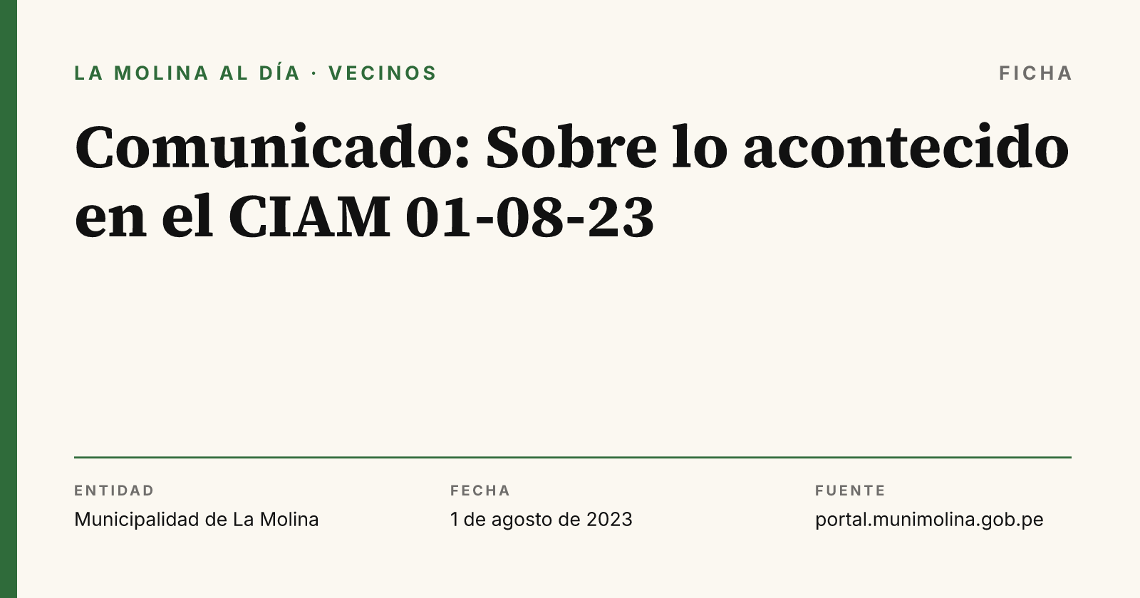 Ficha con el dato del comunicado "Comunicado: Sobre lo acontecido en el CIAM 01-08-23", compuesta por La Molina al Día