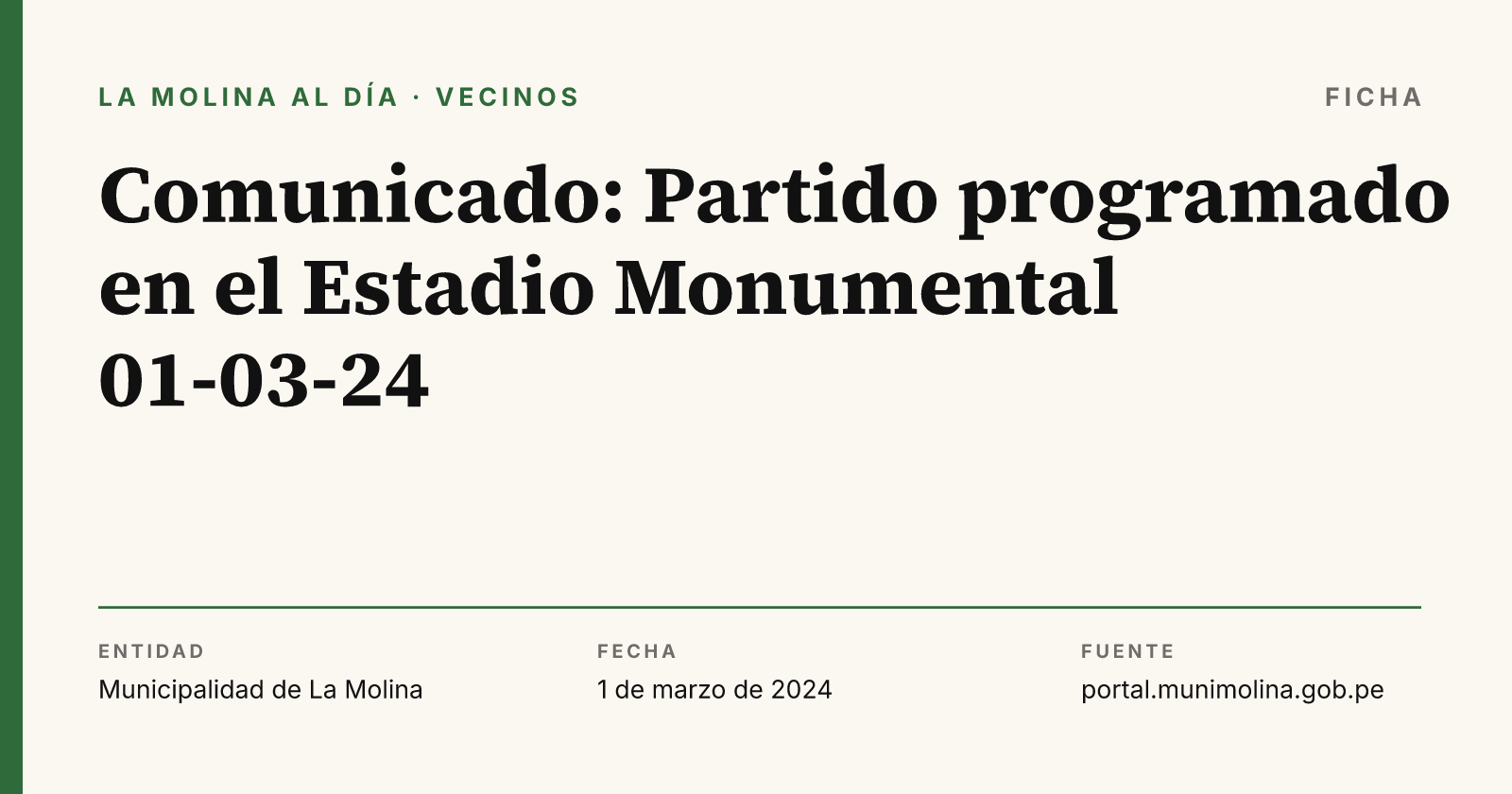Ficha con el dato del comunicado "Comunicado: Partido programado en el Estadio Monumental 01-03-24", compuesta por La Molina al Día