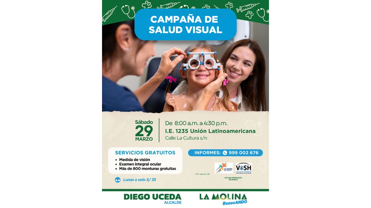 Fotografía publicada por la Municipalidad de La Molina con el comunicado "LA MOLINA REGALARÁ 800 MONTURAS DURANTE CAMPAÑA DE SALUD VISUAL"