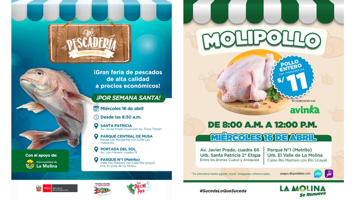 Fotografía publicada por la Municipalidad de La Molina con el comunicado "PESCADO Y POLLO A PRECIOS MÁS BAJOS POR SEMANA SANTA"