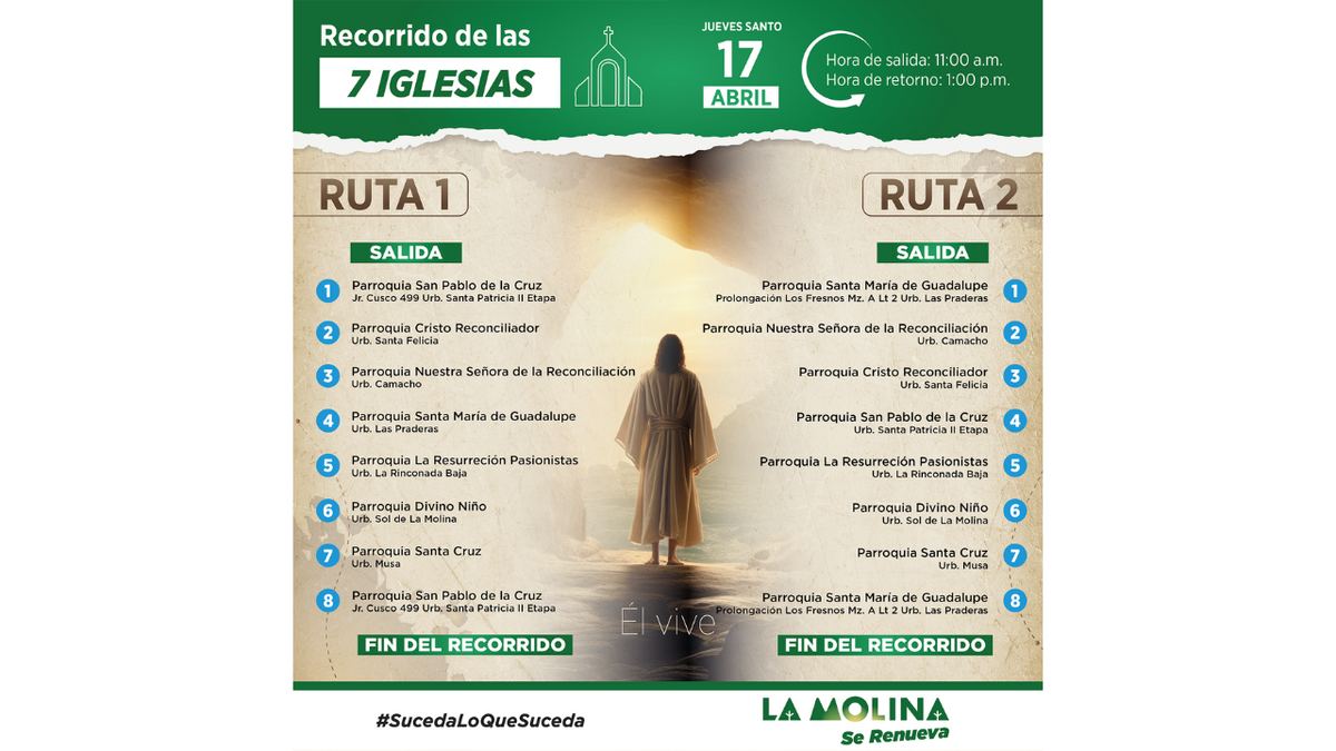 Fotografía publicada por la Municipalidad de La Molina con el comunicado "VECINOS PODRÁN RECORRER IGLESIAS EN JUEVES SANTO"
