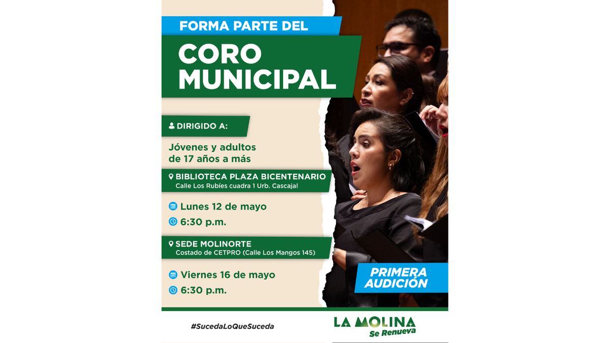 Fotografía publicada por la Municipalidad de La Molina con el comunicado "LA MOLINA CONVOCA A SUS VECINOS PARA INTEGRARSE A CORO MUNICIPAL"