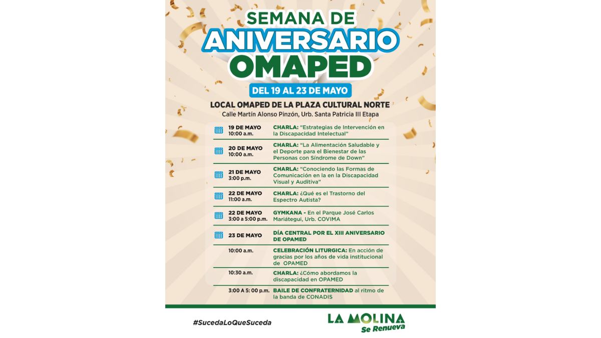 Fotografía publicada por la Municipalidad de La Molina con el comunicado "CON UN PROGRAMA ESPECIAL, LA MOLINA CELEBRA SEMANA DE ANIVERSARIO OMAPED"
