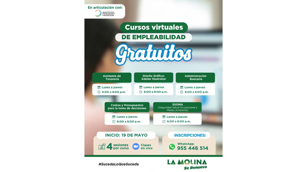 Fotografía publicada por la Municipalidad de La Molina con el comunicado "NUEVOS CURSOS VIRTUALES GRATUITOS OFRECE MUNICIPALIDAD A VECINOS DE LA MOLINA"