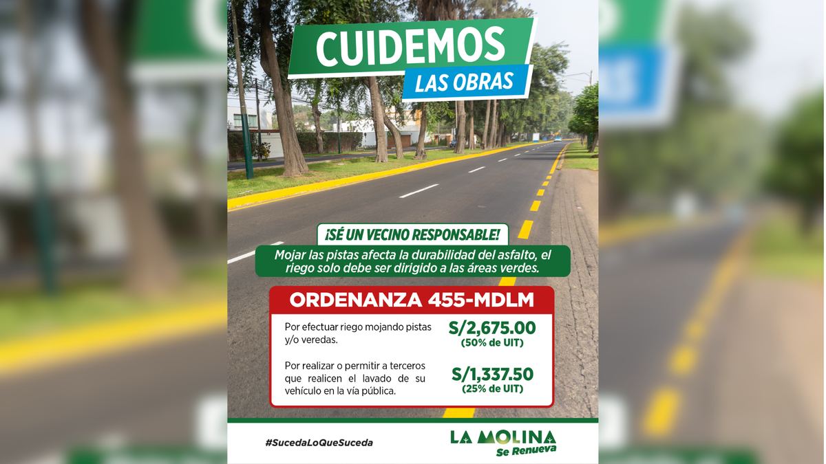 Fotografía publicada por la Municipalidad de La Molina con el comunicado "MUNICIPALIDAD DE LA MOLINA PIDE A SUS VECINOS CUIDAR LAS PISTAS REMODELADAS"
