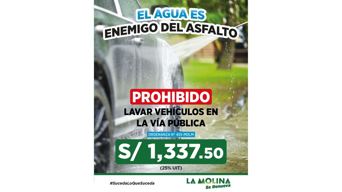 Fotografía publicada por la Municipalidad de La Molina con el comunicado "LA MOLINA RECUERDA PROHIBICIÓN DE LAVAR AUTOS EN VÍAS PÚBLICAS"