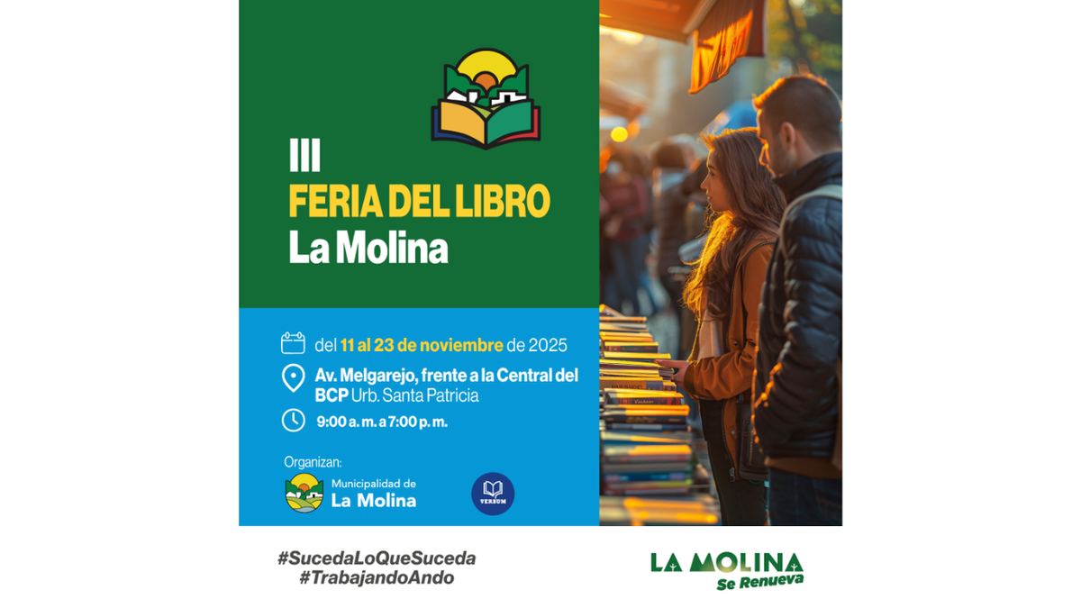 Fotografía publicada por la Municipalidad de La Molina con el comunicado "III FERIA DEL LIBRO DE LA MOLINA"