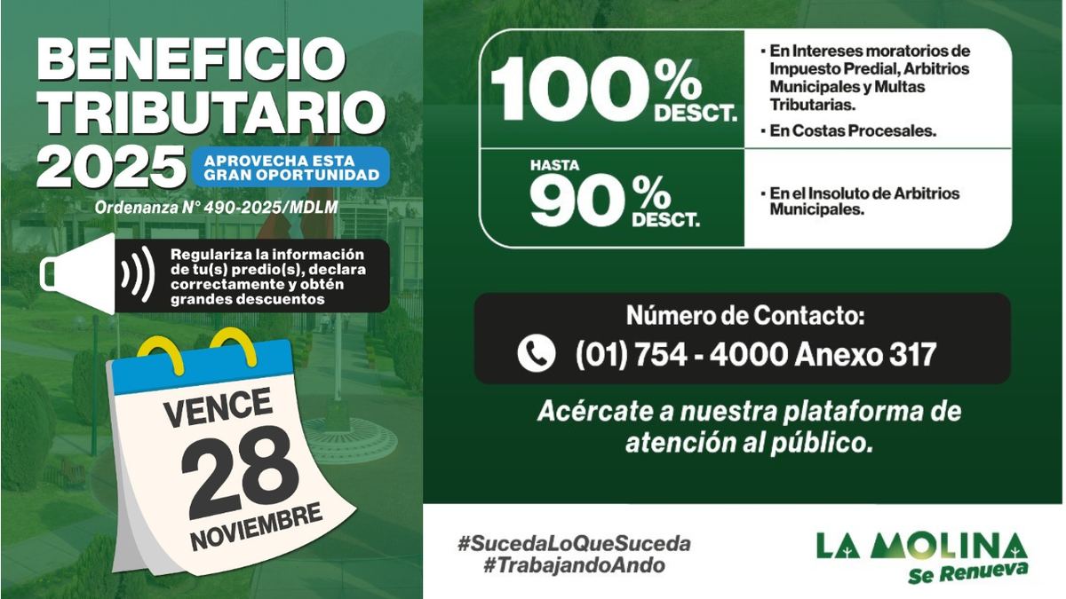 Fotografía publicada por la Municipalidad de La Molina con el comunicado "MUNICIPALIDAD DE LA MOLINA OFRECE BENEFICIOS TRIBUTARIOS A DEUDORES"