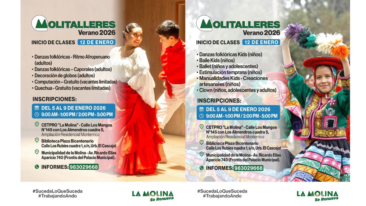 Fotografía publicada por la Municipalidad de La Molina con el comunicado "ESTE VIERNES CIERRAN LAS INSCRIPCIONES PARA LOS MOLITALLERES DE VERANO 2026"