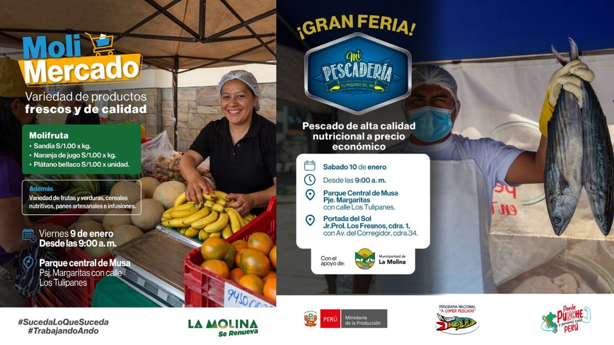 Fotografía publicada por la Municipalidad de La Molina con el comunicado "VUELVEN MOLIPOLLO, MOLI MERCADO Y MI PESCADERÍA PARA TODOS LOS VECINOS"