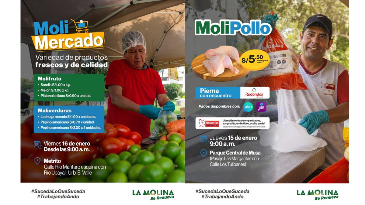 Fotografía publicada por la Municipalidad de La Molina con el comunicado "LA MOLINA PROGRAMA NUEVA FERIAS PARA CONTRIBUIR AL AHORRO FAMILIAR"