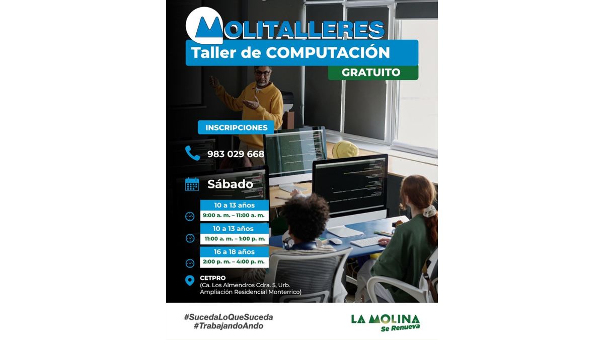 Fotografía publicada por la Municipalidad de La Molina con el comunicado "LA MOLINA LANZA MOLITALLERES GRATUITOS DE COMPUTACIÓN PARA NIÑOS Y JÓVENES"