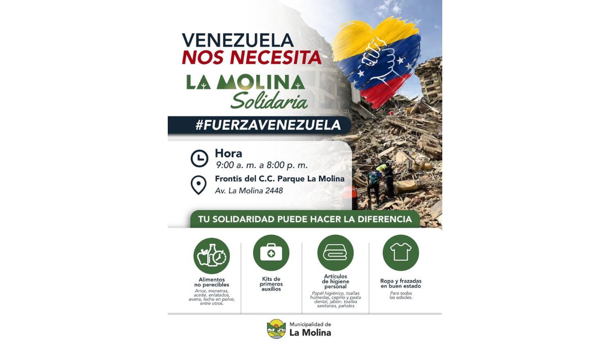 Fotografía publicada por la Municipalidad de La Molina con el comunicado "LA MOLINA EXTIENDE SU MANO SOLIDARIA CON LA CAMPAÑA “VENEZUELA NOS NECESITA”"